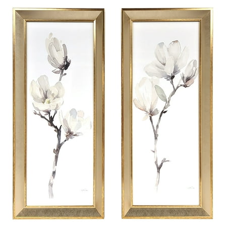 Harbortown 9x24 Magnolia Glass Wall Art, 2-Piece Set, White Etched Print, Modern Farmhouse Decor