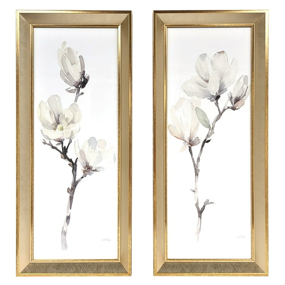 Harbortown 9x24 Magnolia Glass Wall Art, 2-Piece Set, White Etched Print, Modern Farmhouse Decor