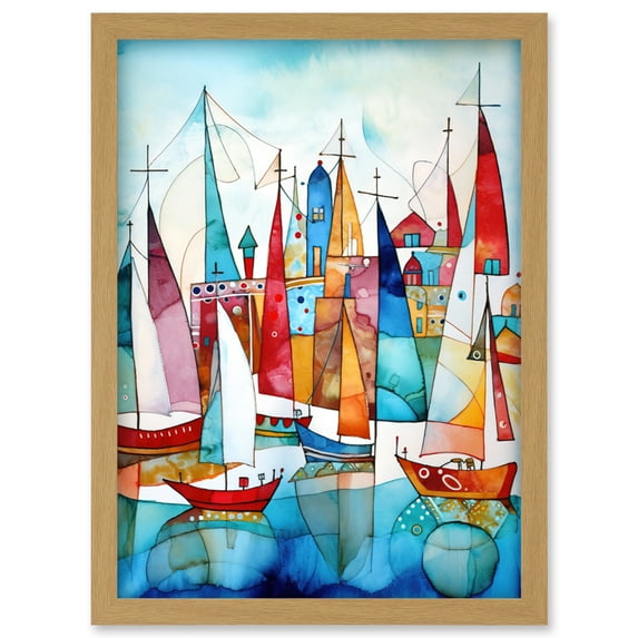 Harbour Boats Abstract Folk Art Watercolour Painting Artwork Framed Wall Art Print A4