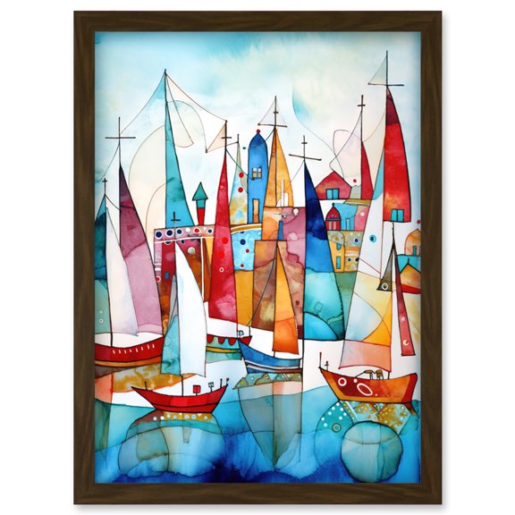 Harbour Boats Abstract Folk Art Watercolour Painting Artwork Framed Wall Art Print A4