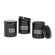 Harbour Housewares 3pc Tea Coffee Sugar Canisters Set   Black Round Metal Kitchen Storage Tins with Airtight Lids   Modern Industrial Food Caddy Containers for Countertop Organisation