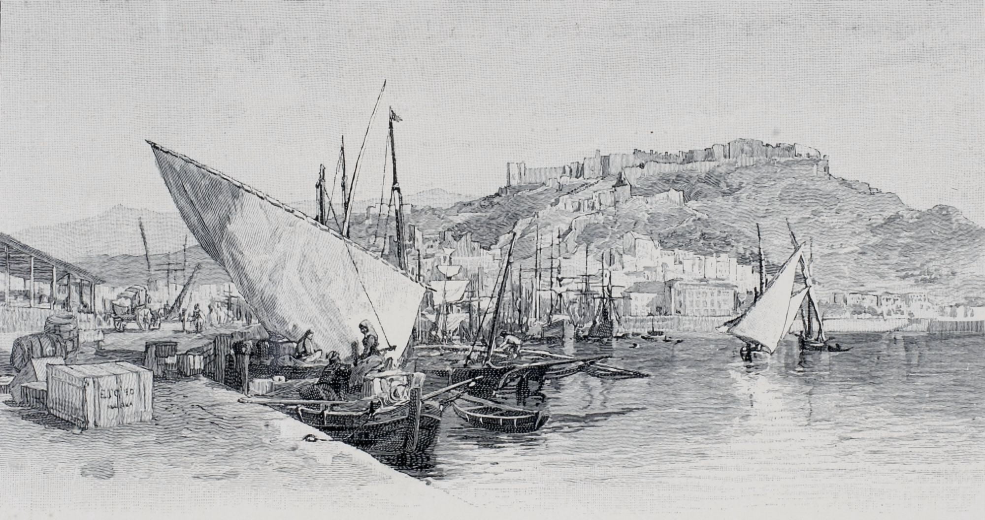 Harbour Malaga Spain By Edward T Compton (1849-1921) From The Picturesque Mediterranean Circa 1890 Canvas Art - Ken Welsh Design Pics (38 x 20)