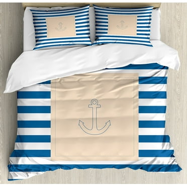 Harbour Stripe Duvet Cover Set, Maritime Anchor over Pastel Nautical Lines Ocean Design, Decorative 3 Piece Bedding Set with 2 Pillow Shams, King Size, Violet Blue Peach White, by Ambesonne