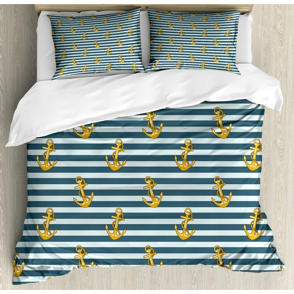 Harbour Stripe Duvet Cover Set, Old Style Nautical Fashion Anchors Forms Coast Theme, Decorative 3 Piece Bedding Set with 2 Pillow Shams, Calking Size, Earth Yellow Slate Blue, by Ambesonne