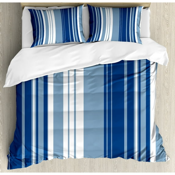 Harbour Stripe Duvet Cover Set, Retro Shades of Stripe Abstract Vintage Design, Decorative 3 Piece Bedding Set with 2 Pillow Shams, King Size, Navy Blue White, by Ambesonne