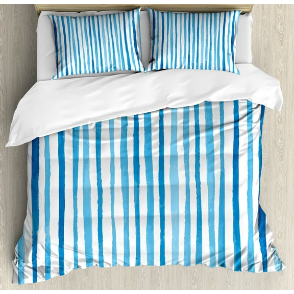 Harbour Stripe Duvet Cover Set, Watercolor Stripes Paintbrush Color Bands Nautical Cottage Design, Decorative 3 Piece Bedding Set with 2 Pillow Shams, Calking Size, Violet Blue White, by Ambesonne