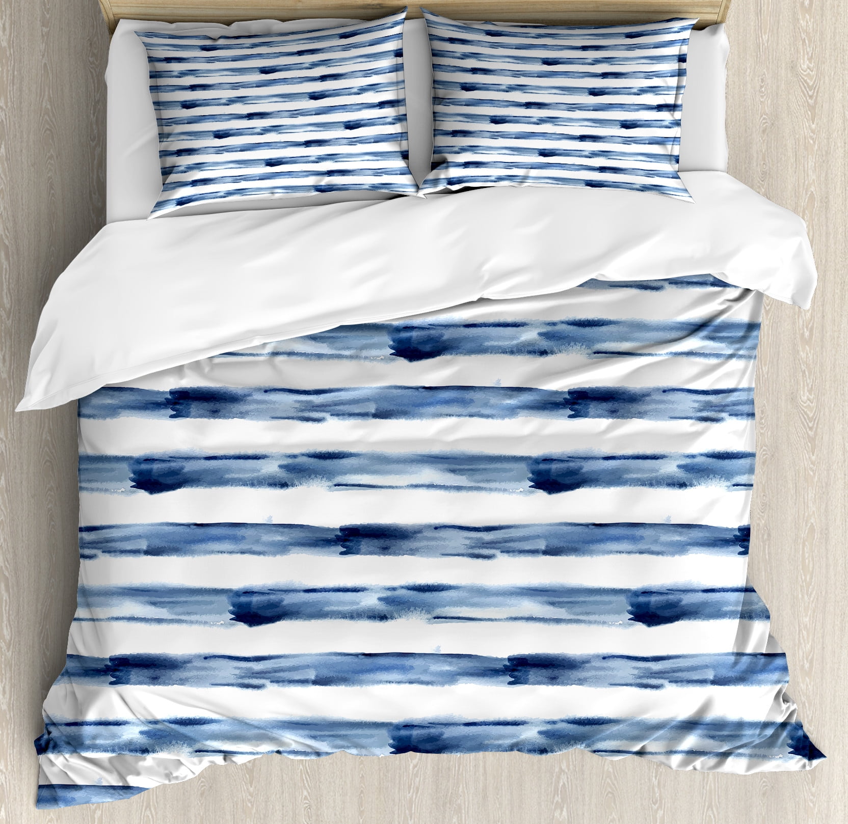 California King Night Blue and White Striped Duvet Cover Set
