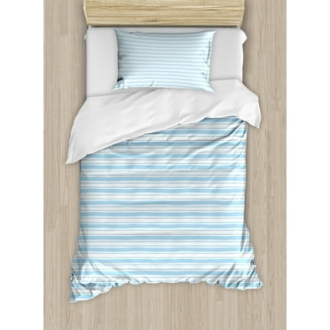 Harbour Stripe Duvet Cover Set, Wavy Soft Horizontal Old Fashion Pattern Geometric Lines Image, Decorative 2 Piece Bedding Set with 1 Pillow Shams, Twin Size, Pale Blue White, by Ambesonne