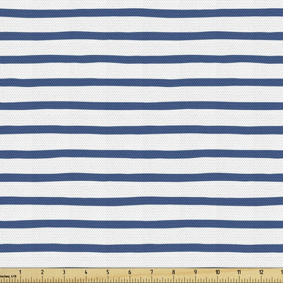 Ambesonne Harbour Stripe Fabric by the Yard Upholstery, Hand Drawn Sea, 2 Yards, Night Blue White