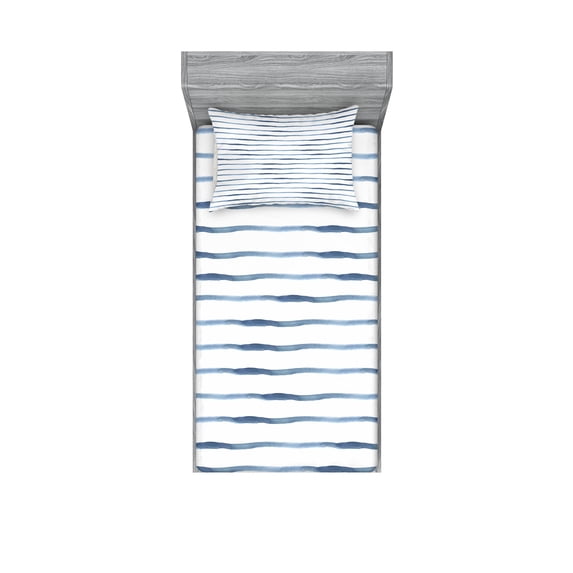 Harbour Stripe Fitted Sheet & Pillow Sham Set, Abstract Brushstroke Nautical Ocean Horizontal Lines Soft Picture, Decorative 4 Piece Bedding Decor Set, Twin, Pale Slate Blue White, by Ambesonne
