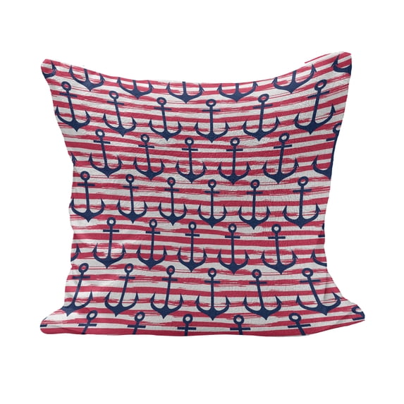 Harbour Stripe Fluffy Throw Pillow Cushion Cover, Blue Anchors on Horizontal Paintbrush Stripes Marine Graphic, Decorative Square Accent Pillow Case, 26" x 26", Dark Blue Magenta White, by Ambesonne