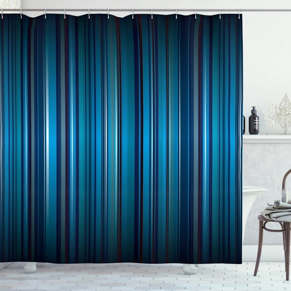 Harbour Stripe Shower Curtain, Vibrant Nvay Blue Background with Thin Vertical Lines Modern Design, Fabric Bathroom Set with Hooks, 69W X 75L Inches Long, Navy Blue Teal, by Ambesonne
