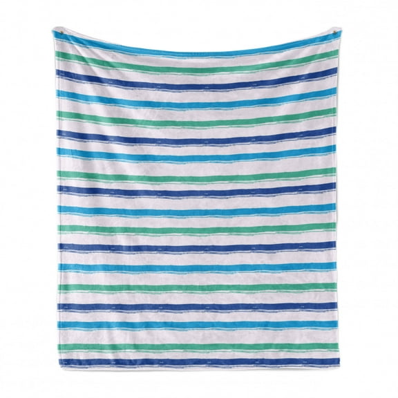 Harbour Stripe Soft Flannel Fleece Blanket, Brushstroke Lines Backdrop in Several Tones Modern Minimalist Design, Cozy Plush for Indoor and Outdoor Use, 70" x 90", Royal Blue Seafoam, by Ambesonne