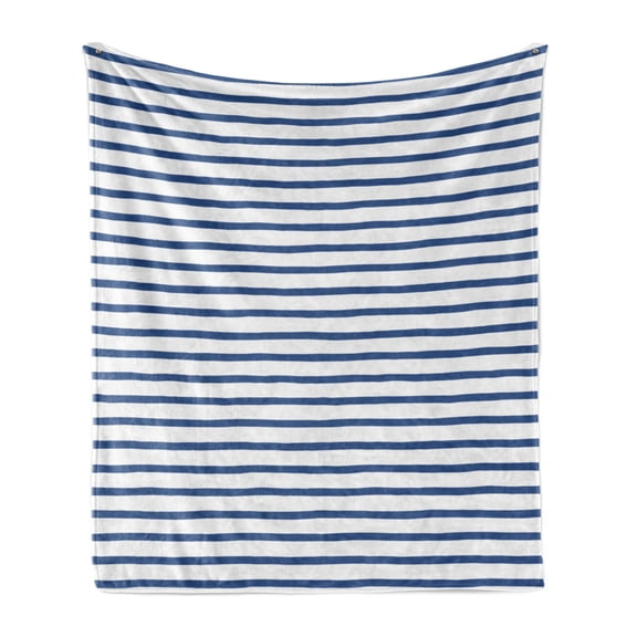 Harbour Stripe Soft Flannel Fleece Blanket, Horizontal Nautical Stripes Pattern Hand Drawn Marine Sea Illustration, Cozy Plush for Indoor and Outdoor Use, 50" x 60", Night Blue White, by Ambesonne
