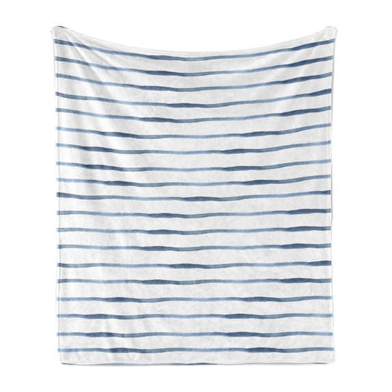 Harbour Stripe Soft Flannel Fleece Throw Blanket, Abstract Brushstroke Nautical Ocean Horizontal Lines Soft Picture, Cozy Plush for Indoor and Outdoor Use, 50" x 60", Night Blue White, by Ambesonne