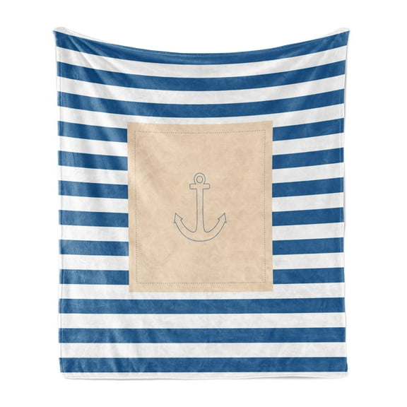 Harbour Stripe Soft Flannel Fleece Throw Blanket, Maritime Anchor over Pastel Nautical Lines Ocean Design, Cozy Plush for Indoor and Outdoor Use, 50" x 60", Violet Blue Peach White, by Ambesonne