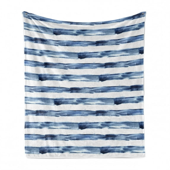 Harbour Stripe Soft Flannel Fleece Throw Blanket, Watercolor Style Paintbrush Stripes Sea Marine Life Lines Image, Cozy Plush for Indoor and Outdoor Use, 60" x 80", Night Blue White, by Ambesonne