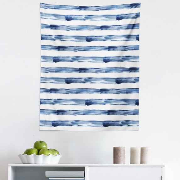 Harbour Stripe Tapestry, Watercolor Style Paintbrush Stripes Sea Marine Life Lines Image, Fabric Wall Hanging Decor for Bedroom Living Room Dorm, 5 Sizes, Night Blue White, by Ambesonne