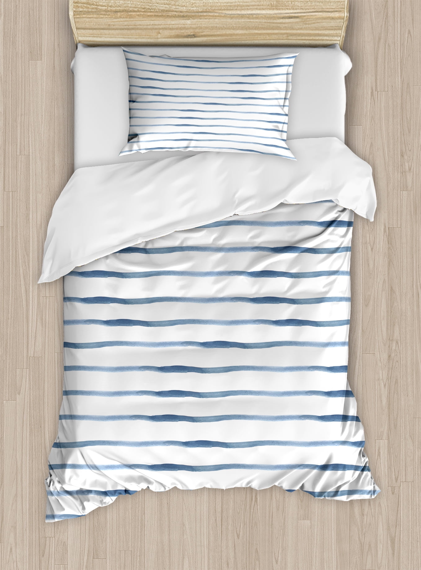 Twin Blue and White Striped Microfiber Duvet Cover Set