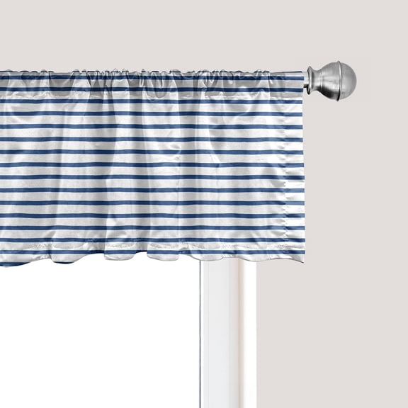 Harbour Stripe Window Valance, Horizontal Nautical Stripes Pattern Hand Drawn Marine Sea Illustration, Curtain Valance for Kitchen Bedroom Decor with Rod Pocket, 54" X 12", Night Blue White