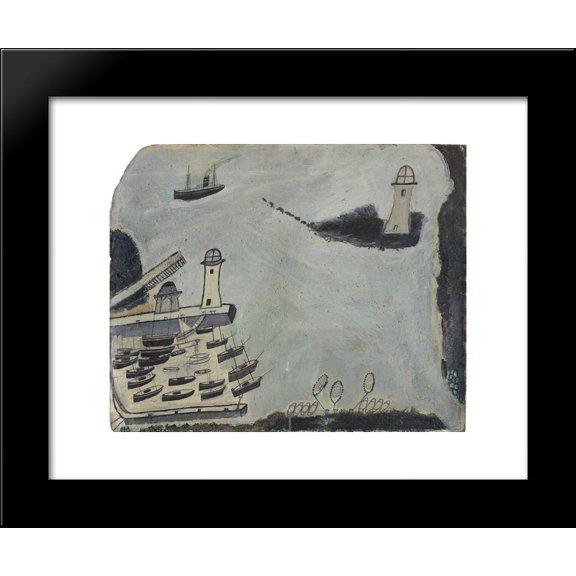 Harbour with Two Lighthouses and Motor Vessel, St Ives Bay 20x24 Framed Art Print by Alfred Wallis