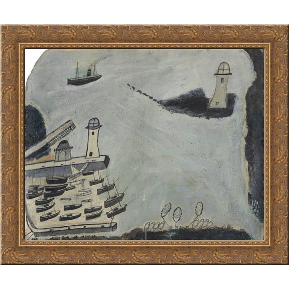 Harbour with Two Lighthouses and Motor Vessel, St Ives Bay 24x20 Gold Ornate Wood Framed Canvas Art by Alfred Wallis