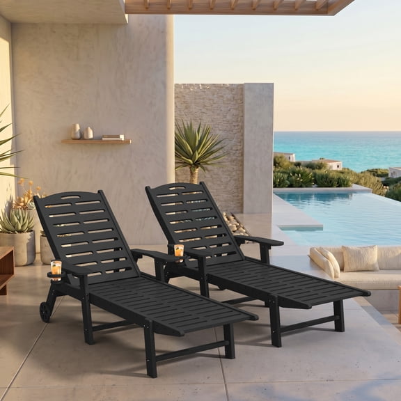 Harbweb 2 Pack Outdoor Chaise Lounge with Wheels & Cup Holder, All Weather 5-Position Adjustable HDPE Patio Chair, Black