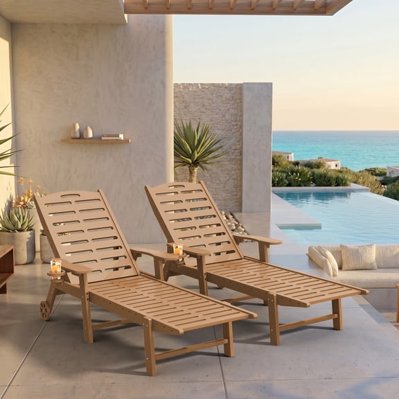 Harbweb 2 Pack Outdoor Chaise Lounge with Wheels & Cup Holder, All Weather 5-Position Adjustable HDPE Patio Chair, Teak