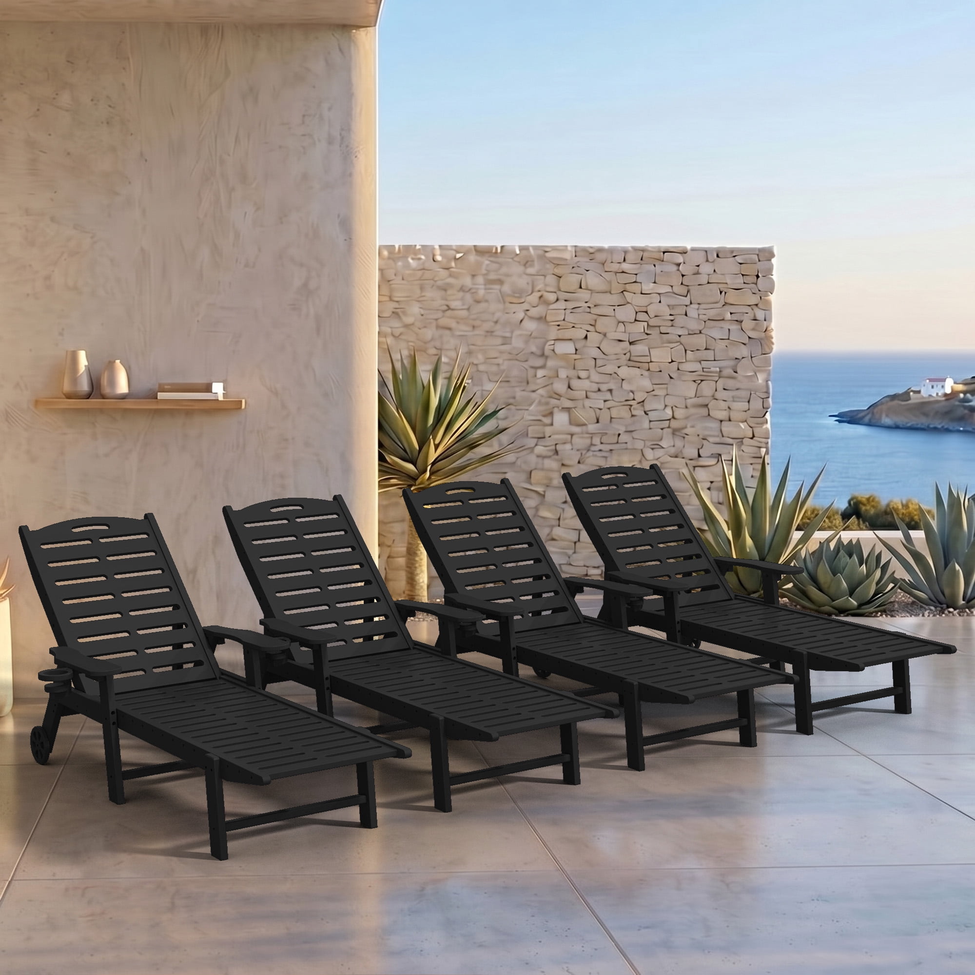 Harbweb 4 Pack Outdoor Chaise Lounge with Wheels & Cup Holder, All ...