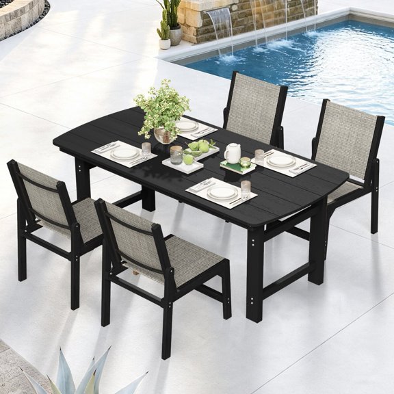Harbweb 5-Piece All-Weather HDPE Patio Sling Dining Set with Umbrella Hole, Black
