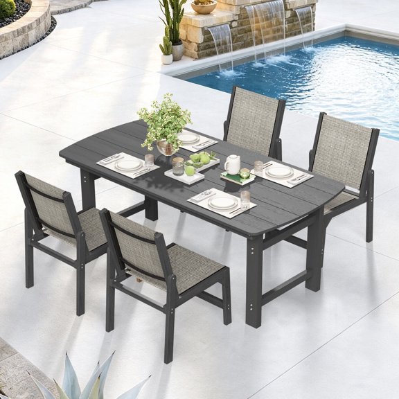 Harbweb 5-Piece All-Weather HDPE Patio Sling Dining Set with Umbrella Hole, Gray