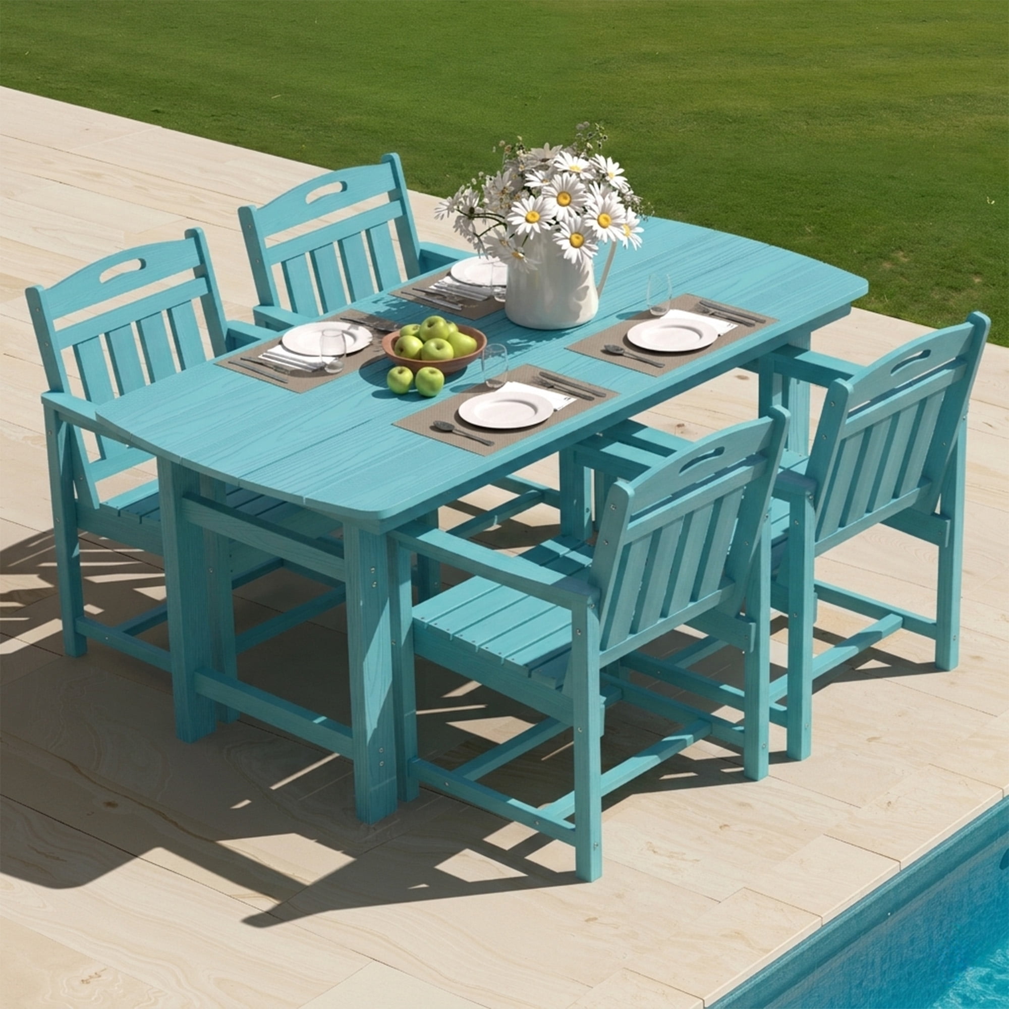 Harbweb 5pc HDPE Outdoor Dining Set, All-Weather Wood Grain Patio Furniture, Aqua