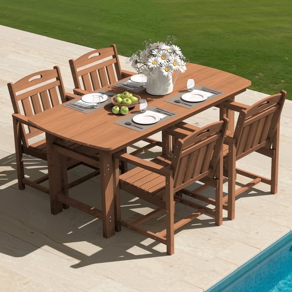Harbweb 5pc HDPE Outdoor Dining Set, All-Weather Wood Grain Patio Furniture, Teak