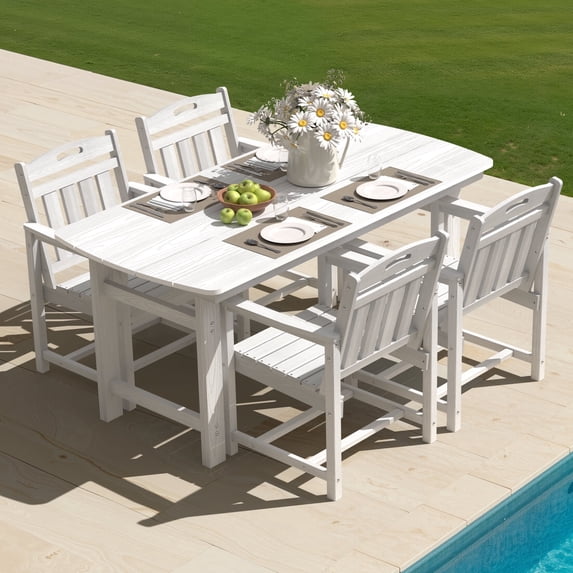 Harbweb 5pc HDPE Outdoor Dining Set, All-Weather Wood Grain Patio Furniture, White