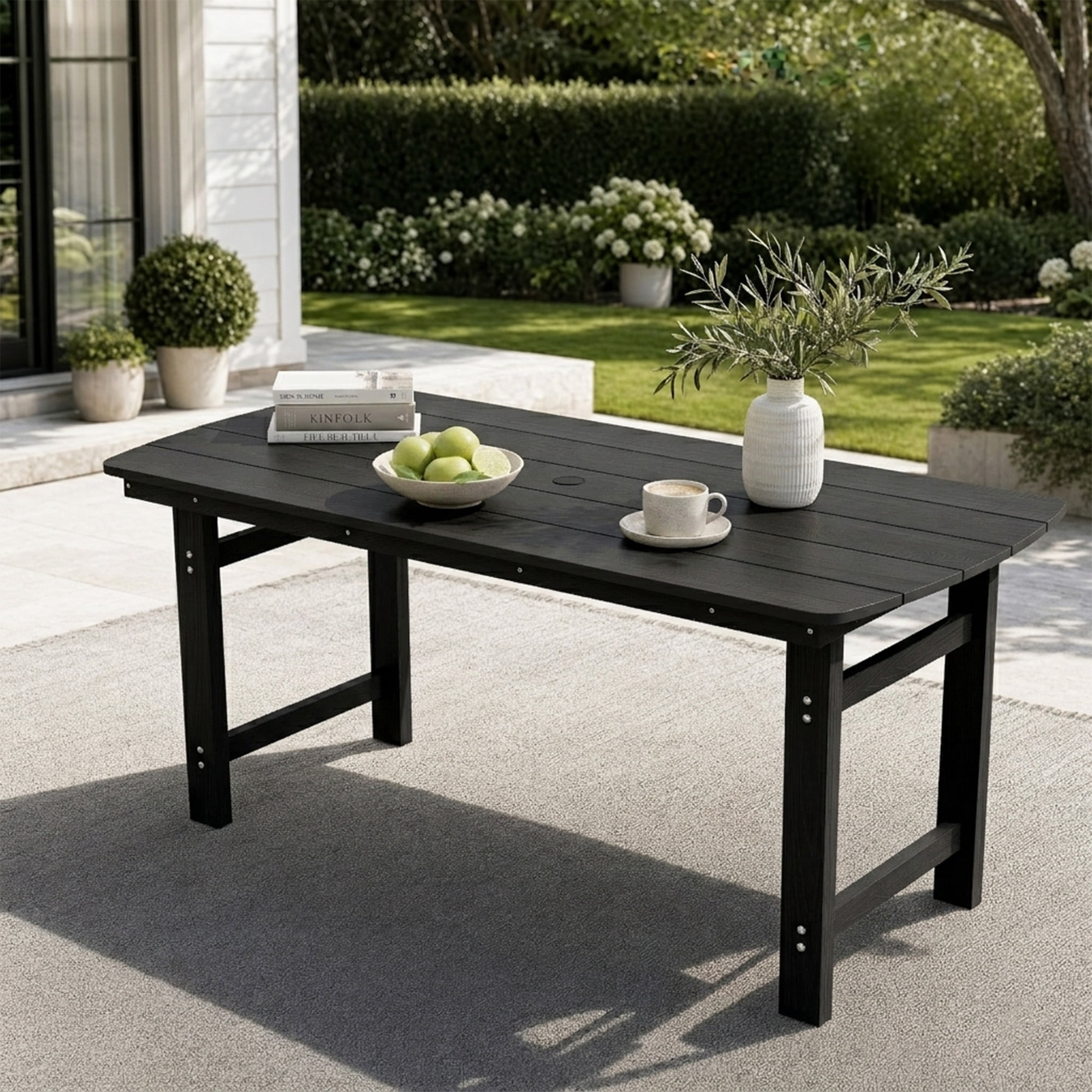 Harbweb 6-Person Weather Resistant Patio Dining Table with Umbrella Hole, Black