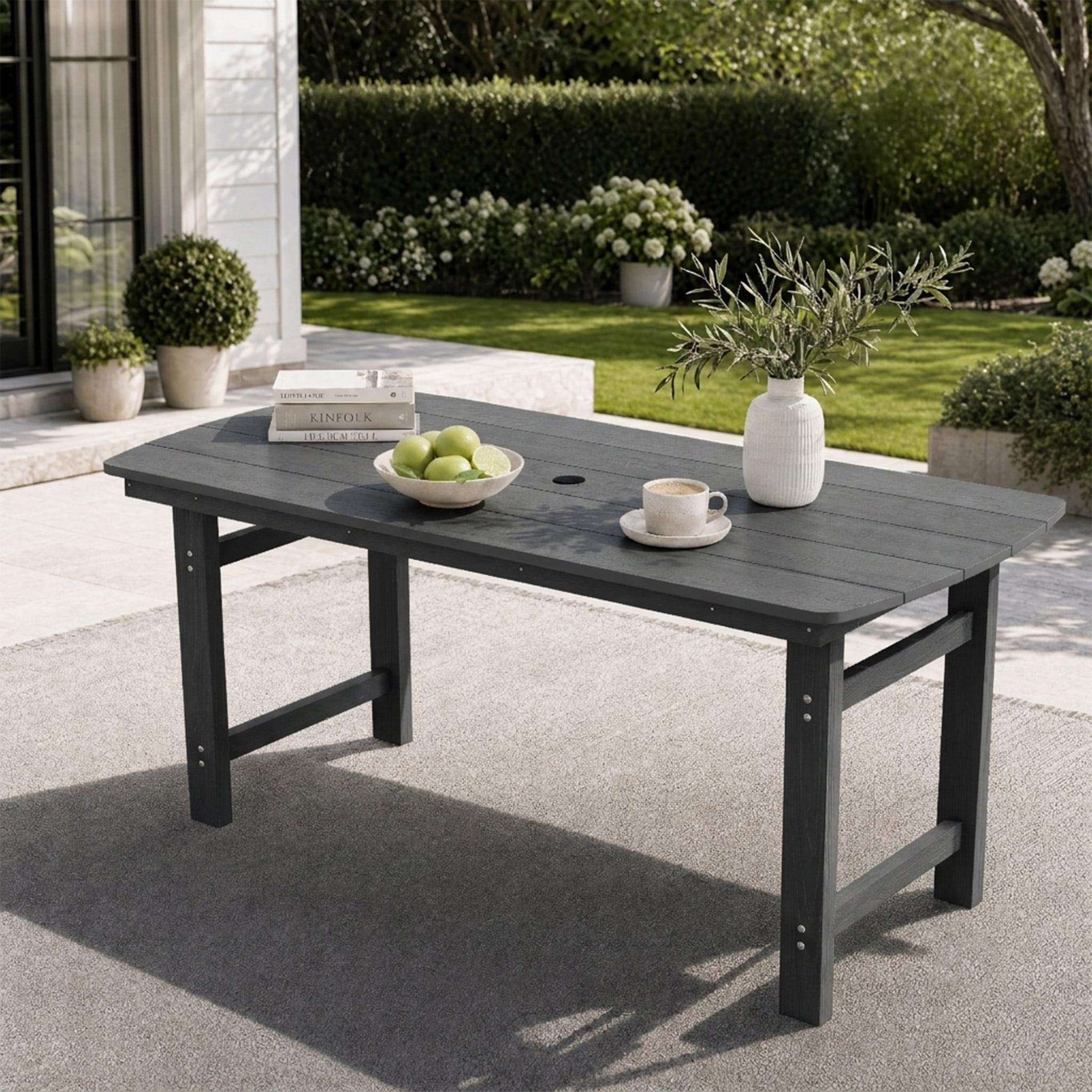 Harbweb 6-Person Weather Resistant Patio Dining Table with Umbrella Hole, Gray