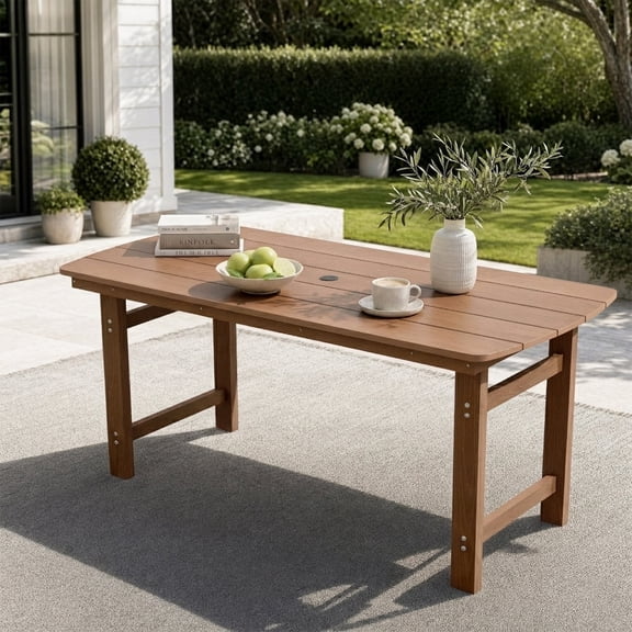 Harbweb 6-Person Weather Resistant Patio Dining Table with Umbrella Hole, Teak