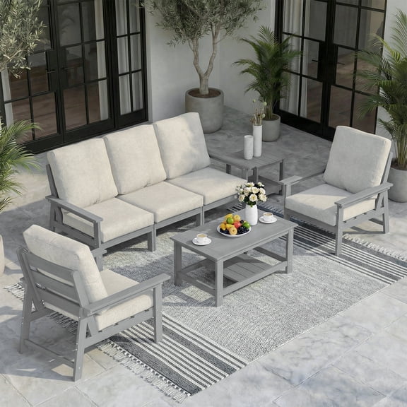 Harbweb 7-Piece HDPS Outdoor Sofa Patio Furniture Set, Gray Frame with Beige Cussion
