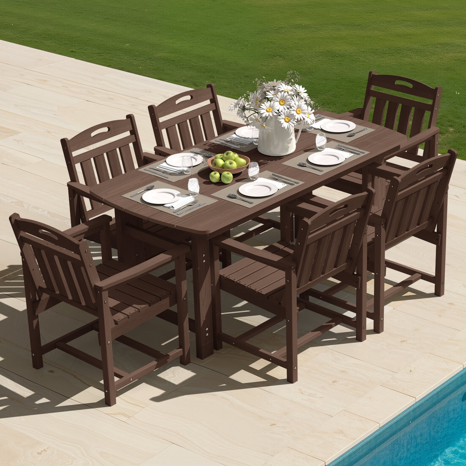 Harbweb 7pc HDPE Outdoor Dining Set, All-Weather Wood Grain Patio Furniture, Brown