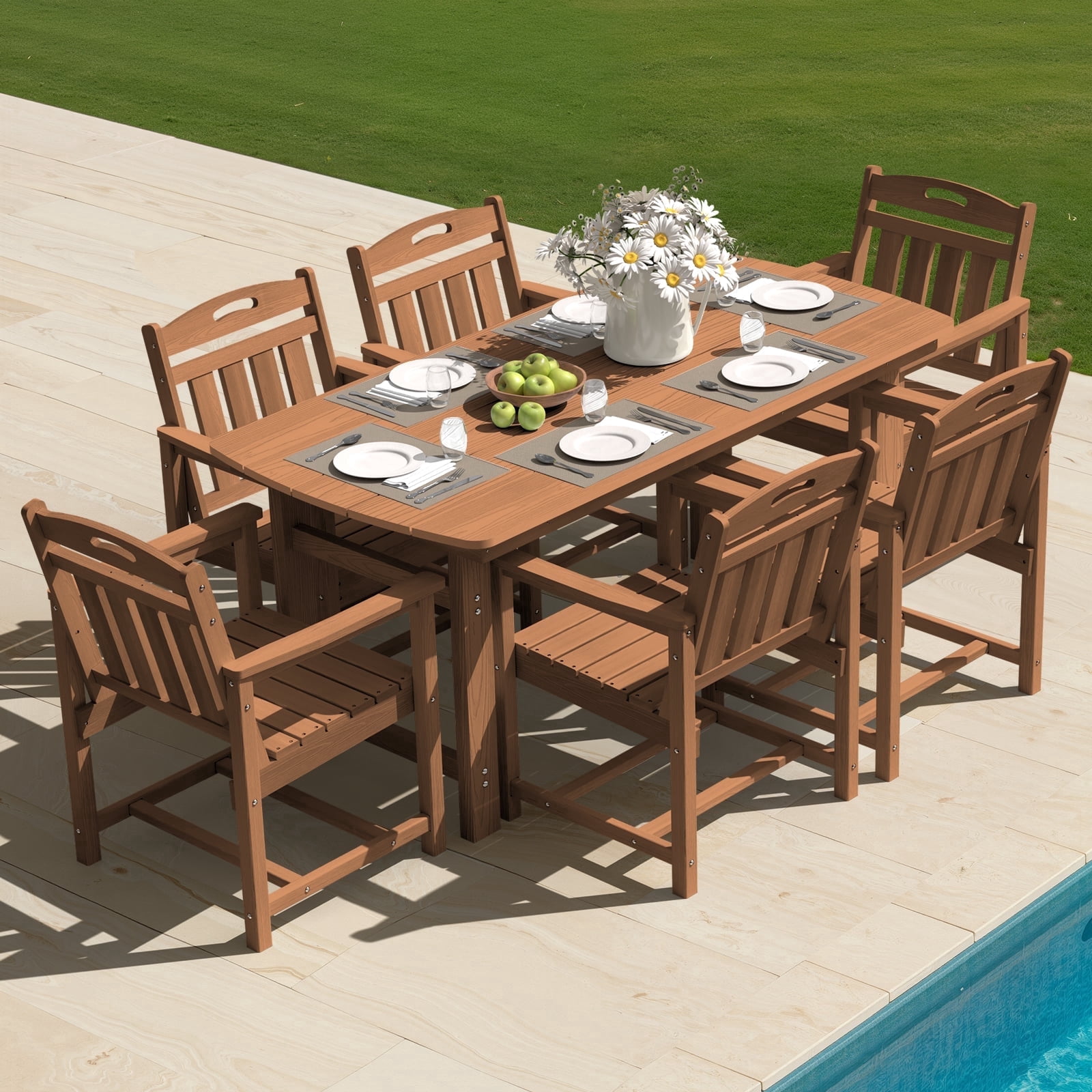 Harbweb 7pc HDPE Outdoor Dining Set, All-Weather Wood Grain Patio Furniture, Teak