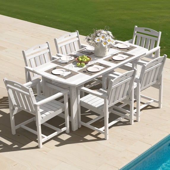 Harbweb 7pc HDPE Outdoor Dining Set, All-Weather Wood Grain Patio Furniture, White