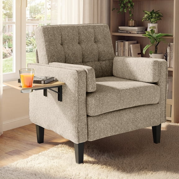 Harbweb Chenille Accent Chair with Foldable Side Table & Cup Holder, Beige