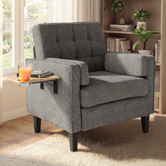 Harbweb Chenille Accent Chair with Foldable Side Table & Cup Holder, Gray