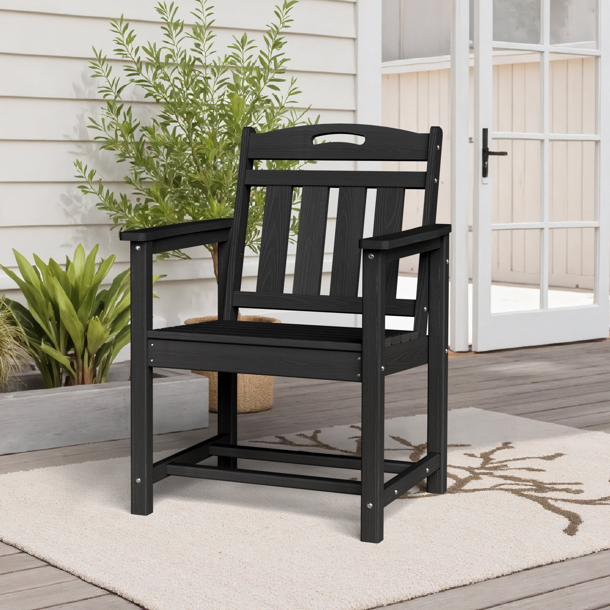 Harbweb HDPE Outdoor Dining Chair, All-Weather Wood Grain Patio Furniture, Black