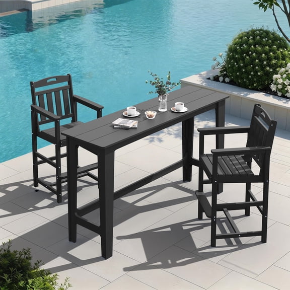 Harbweb Outdoor Bar Set, 2 Adirondack Chairs & 60IN Long Bar Height Table, All-Weather HDPE Patio Bar Set, Black