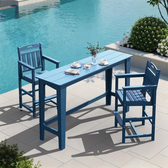 Harbweb Outdoor Bar Set, 2 Adirondack Chairs & 60IN Long Bar Height Table, All-Weather HDPE Patio Bar Set, Blue