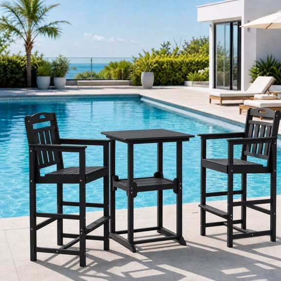 Harbweb Outdoor Bar Set, 2 Adirondack Chairs & Rectangle Bar Height Table, All-Weather HDPE Patio Bar Set, Black