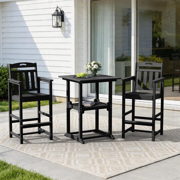 Harbweb Outdoor Bar Set, 2 Adirondack Chairs & Rectangle Bar Height Table, All-Weather HDPE Patio Bar Set, Black