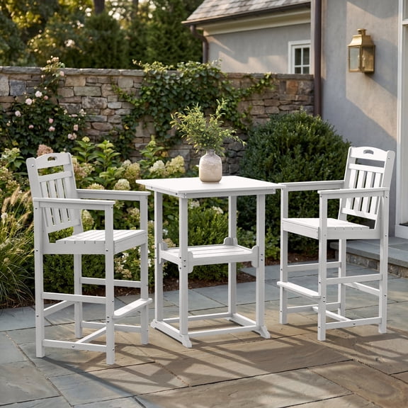Harbweb Outdoor Bar Set, 2 Adirondack Chairs & Rectangle Bar Height Table, All-Weather HDPE Patio Bar Set, White