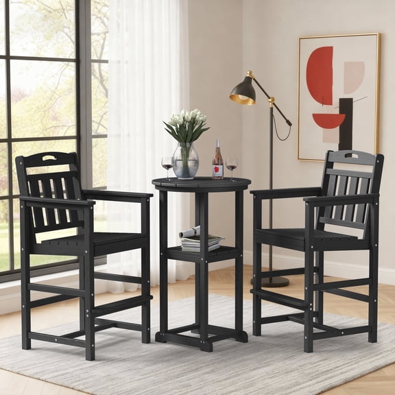 Harbweb Outdoor Bar Set, 2 Adirondack Chairs & Round Bar Height Table, All-Weather HDPE Patio Bar Set, Black